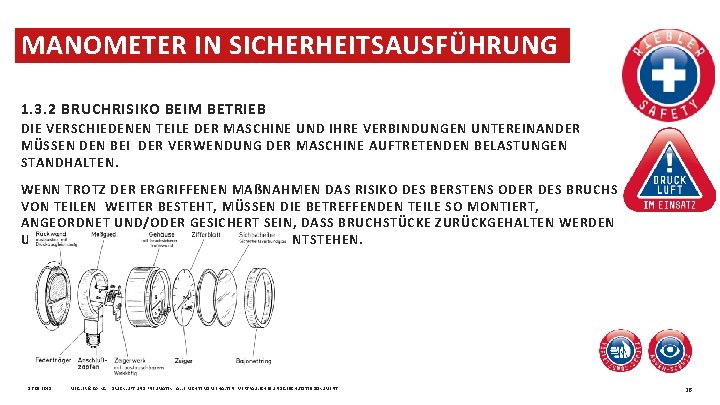 MANOMETER IN SICHERHEITSAUSFÜHRUNG MASCHINENRICHTLINIE 1. 3. 2 BRUCHRISIKO BEIM BETRIEB DIE VERSCHIEDENEN TEILE DER