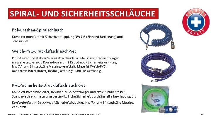 SPIRAL UND SICHERHEITSSCHLÄUCHE Polyurethan-Spiralschlauch Komplett montiert mit Sicherheitskupplung NW 7, 6 (Einhand-Bedienung) und Stahlnippel.