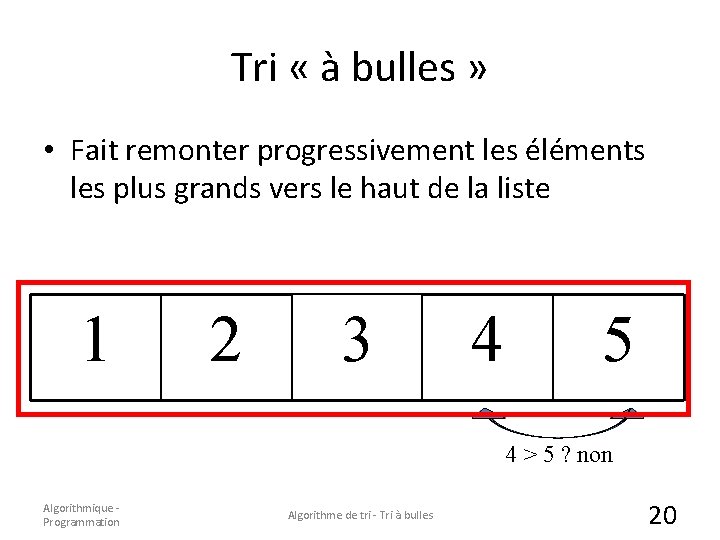 Tri « à bulles » • Fait remonter progressivement les éléments les plus grands