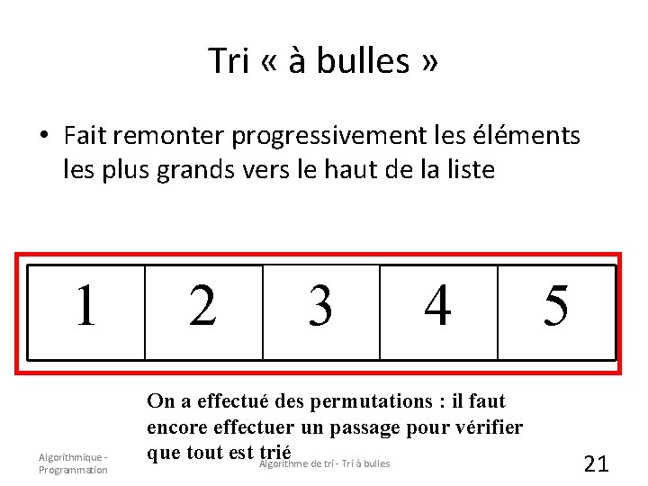 Tri « à bulles » • Fait remonter progressivement les éléments les plus grands Tri « à bulles » • Fait remonter progressivement les éléments les plus grands