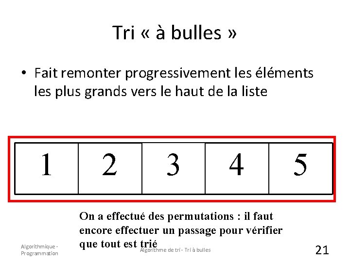 Tri « à bulles » • Fait remonter progressivement les éléments les plus grands