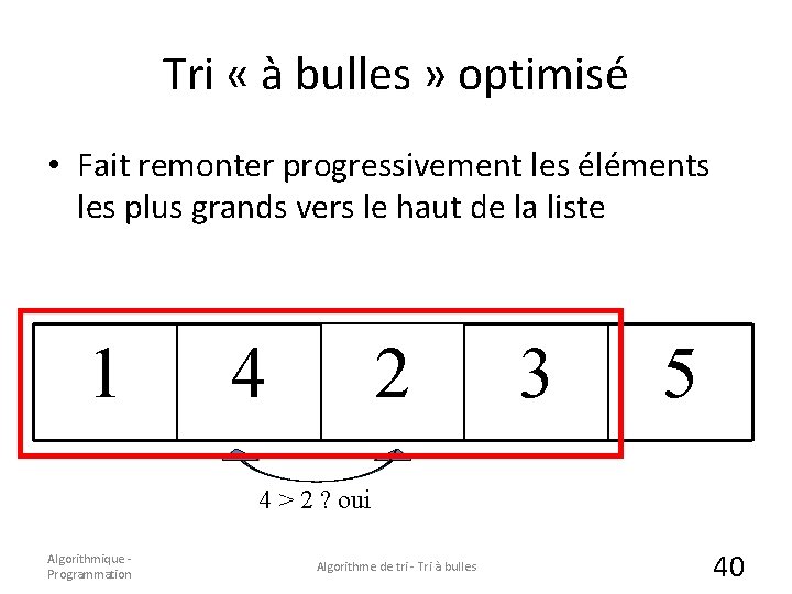 Tri « à bulles » optimisé • Fait remonter progressivement les éléments les plus Tri « à bulles » optimisé • Fait remonter progressivement les éléments les plus