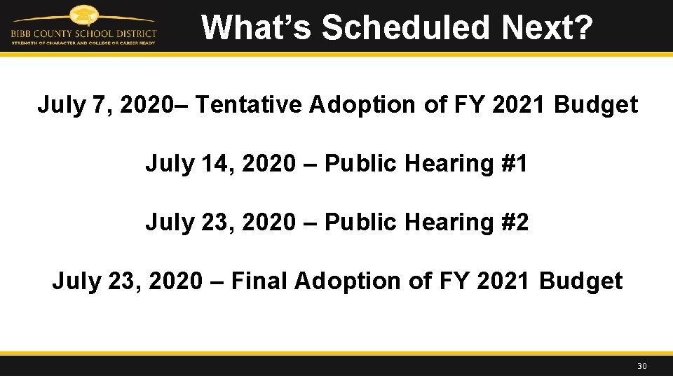 What’s Scheduled Next? July 7, 2020– Tentative Adoption of FY 2021 Budget July 14,