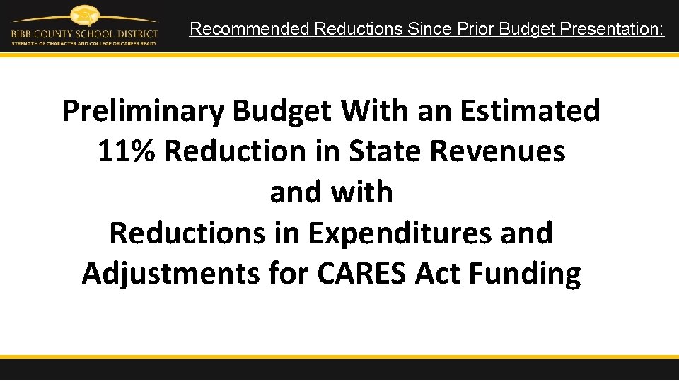 Recommended Reductions Since Prior Budget Presentation: Preliminary Budget With an Estimated 11% Reduction in