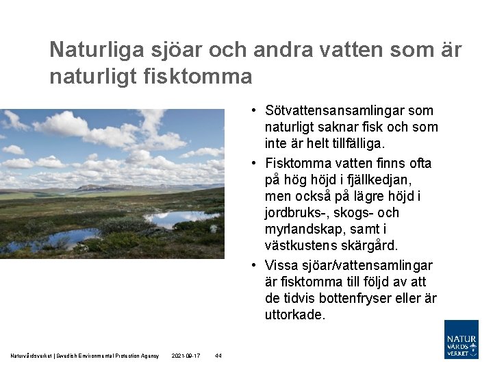 Naturliga sjöar och andra vatten som är naturligt fisktomma • Sötvattensansamlingar som naturligt saknar Naturliga sjöar och andra vatten som är naturligt fisktomma • Sötvattensansamlingar som naturligt saknar