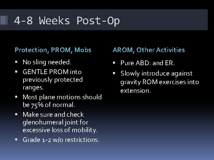 4 -8 Weeks Post-Op Protection, PROM, Mobs AROM, Other Activities No sling needed. GENTLE