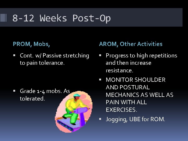 8 -12 Weeks Post-Op PROM, Mobs, AROM, Other Activities Cont. w/ Passive stretching to