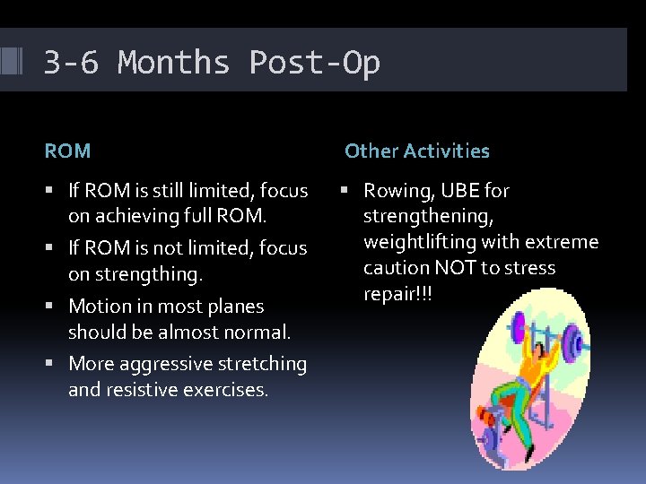 3 -6 Months Post-Op ROM Other Activities If ROM is still limited, focus on