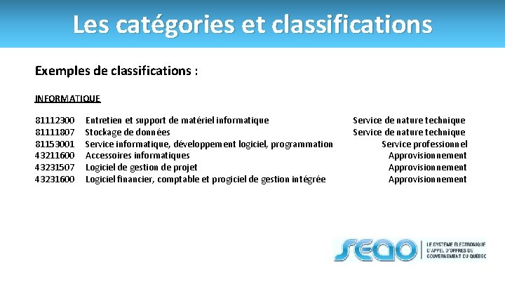 Les catégories et classifications Exemples de classifications : INFORMATIQUE 81112300 81111807 81153001 43211600 43231507