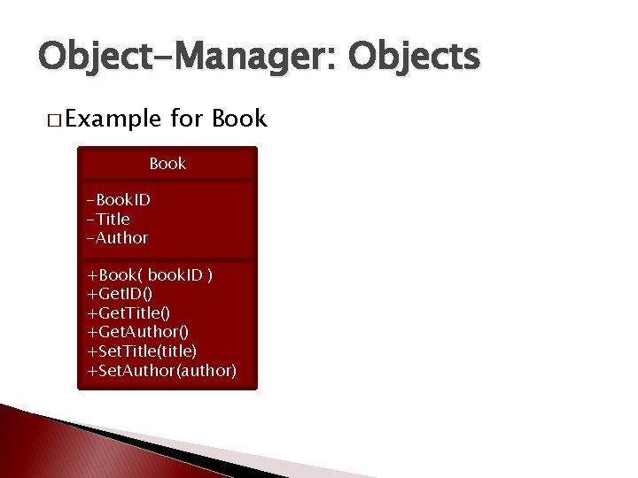 Object-Manager: Objects � Example for Book -Book. ID -Title -Author +Book( book. ID ) Object-Manager: Objects � Example for Book -Book. ID -Title -Author +Book( book. ID )