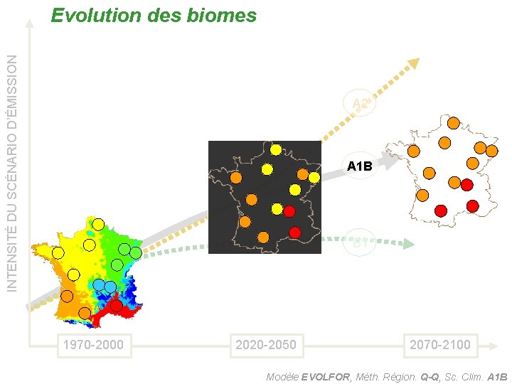 INTENSITÉ DU SCÉNARIO D’ÉMISSION Evolution des biomes A 2 A 1 B B 1