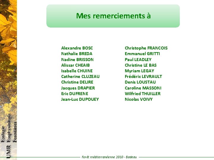 Mes remerciements à Alexandre BOSC Nathalie BREDA Nadine BRISSON Alissar CHEAIB Isabelle CHUINE Catherine