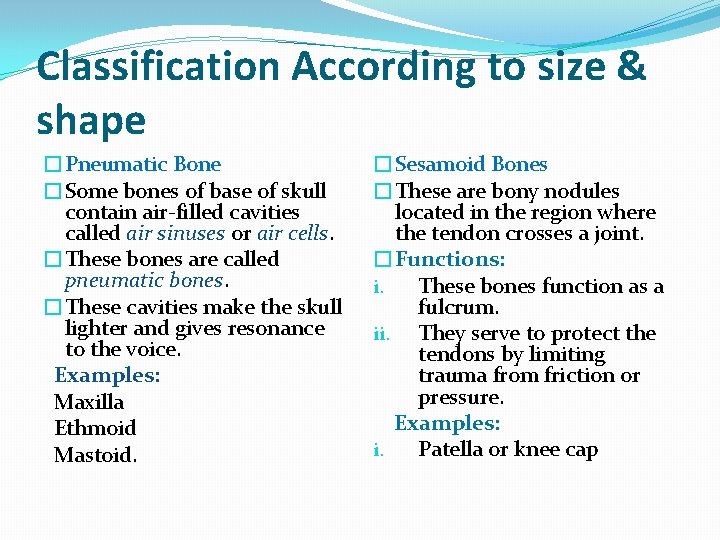 Classification According to size & shape �Pneumatic Bone �Some bones of base of skull