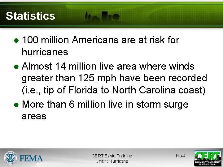 Statistics ● 100 million Americans are at risk for hurricanes ● Almost 14 million