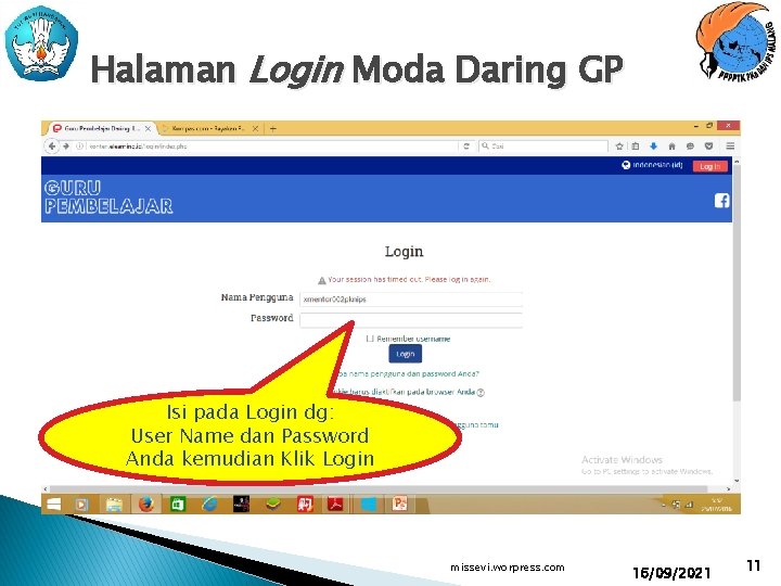 Halaman Login Moda Daring GP Isi pada Login dg: User Name dan Password Anda