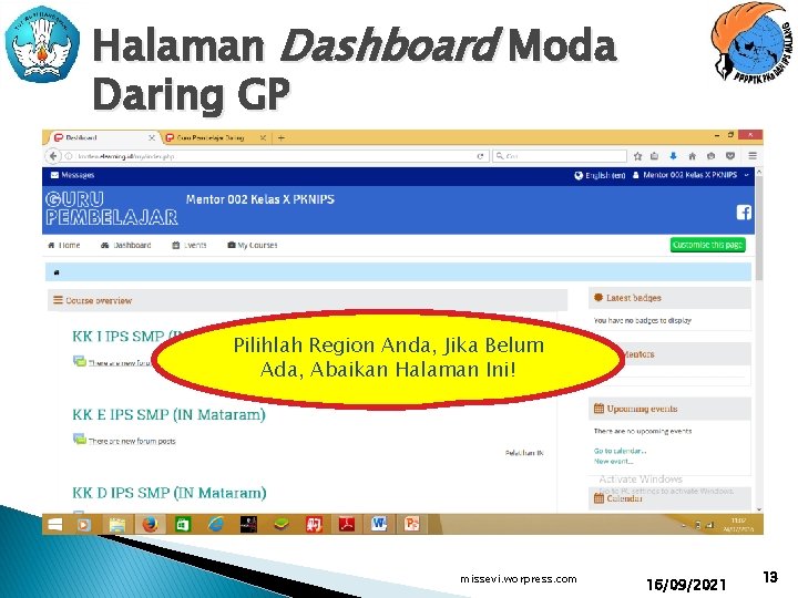 Halaman Dashboard Moda Daring GP Pilihlah Region Anda, Jika Belum Ada, Abaikan Halaman Ini!