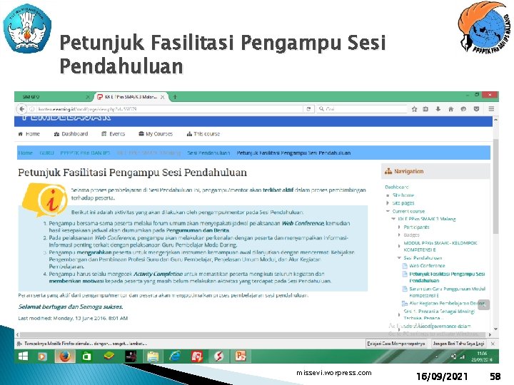 Petunjuk Fasilitasi Pengampu Sesi Pendahuluan missevi. worpress. com 16/09/2021 58 