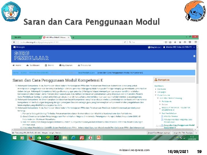 Saran dan Cara Penggunaan Modul missevi. worpress. com 16/09/2021 59 