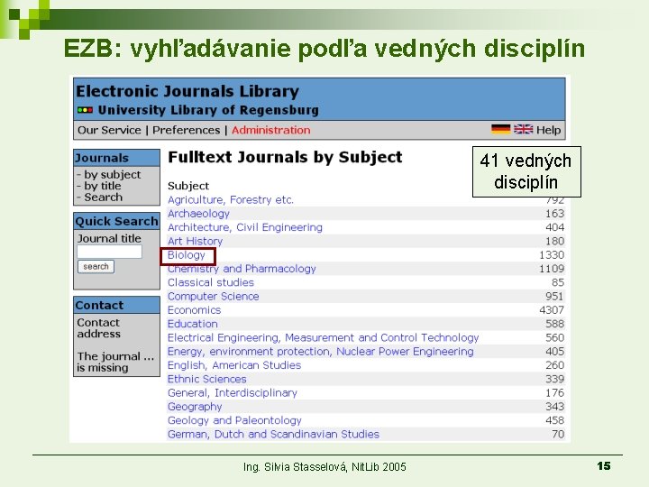 EZB: vyhľadávanie podľa vedných disciplín 41 vedných disciplín Ing. Silvia Stasselová, Nit. Lib 2005