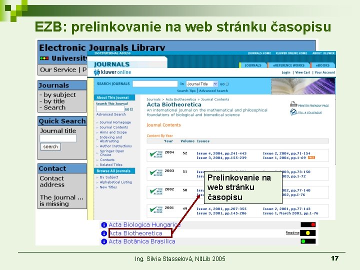 EZB: prelinkovanie na web stránku časopisu Prelinkovanie na web stránku časopisu Ing. Silvia Stasselová,