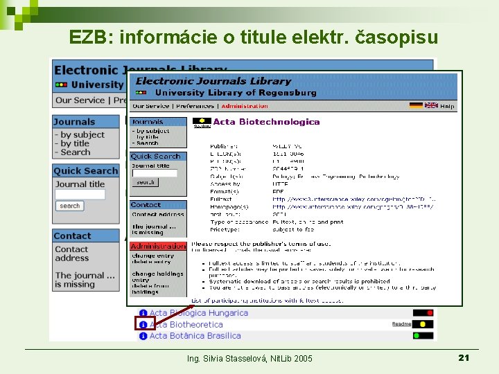 EZB: informácie o titule elektr. časopisu Ing. Silvia Stasselová, Nit. Lib 2005 21 