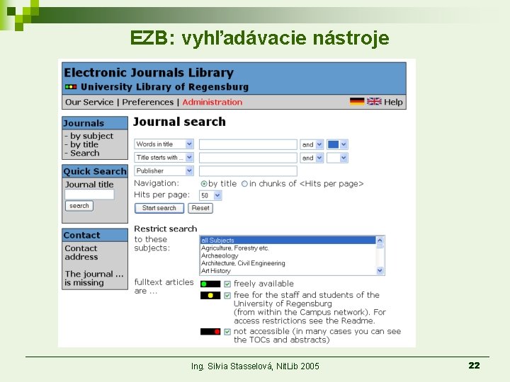 EZB: vyhľadávacie nástroje Ing. Silvia Stasselová, Nit. Lib 2005 22 