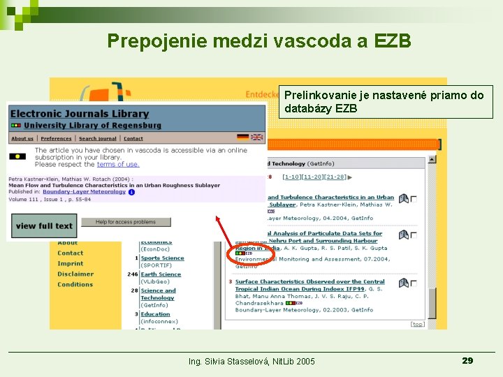 Prepojenie medzi vascoda a EZB Prelinkovanie je nastavené priamo do databázy EZB Ing. Silvia