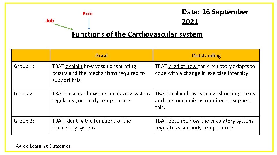 Date: 16 September 2021 Role Job Functions of the Cardiovascular system Good Outstanding Group