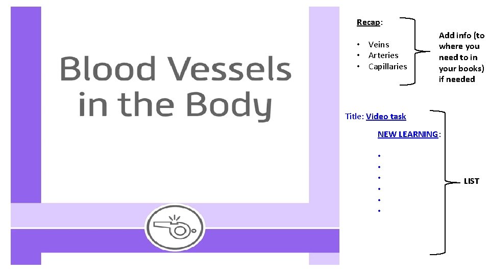 Recap: • Veins • Arteries • Capillaries Add info (to where you need to