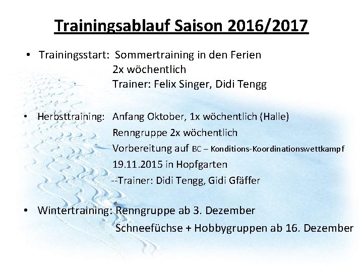 Trainingsablauf Saison 2016/2017 • Trainingsstart: Sommertraining in den Ferien 2 x wöchentlich Trainer: Felix