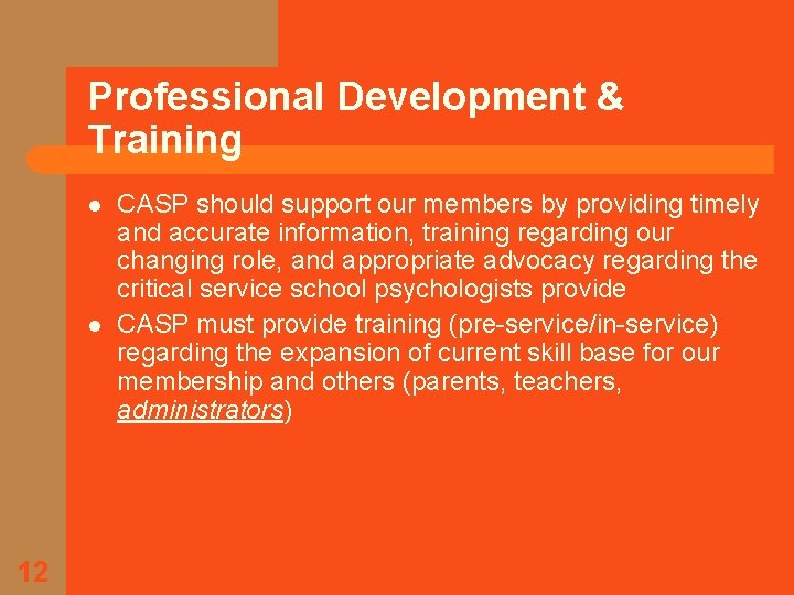 Professional Development & Training l l 12 CASP should support our members by providing