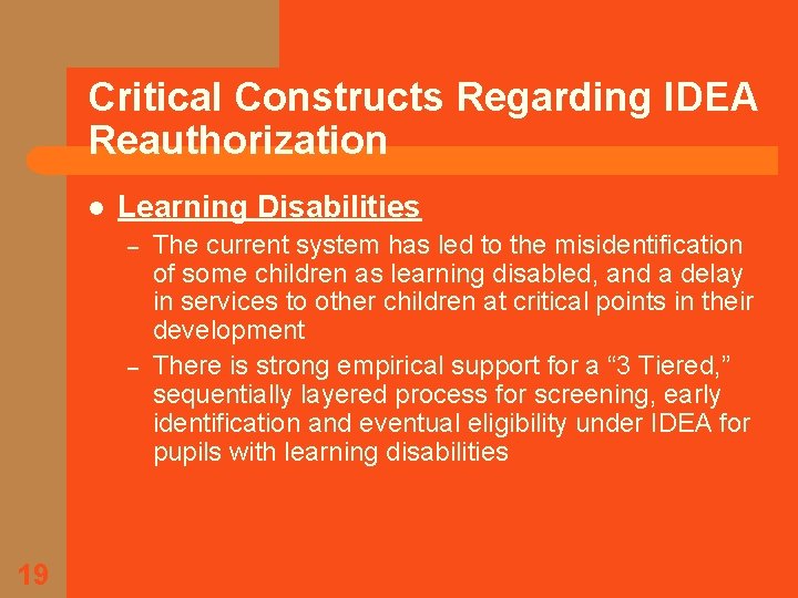 Critical Constructs Regarding IDEA Reauthorization l Learning Disabilities – – 19 The current system