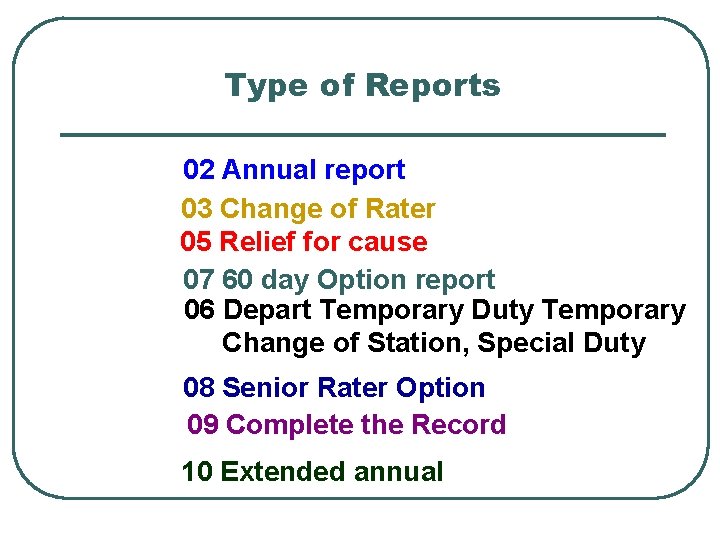 Type of Reports 02 Annual report 03 Change of Rater 05 Relief for cause