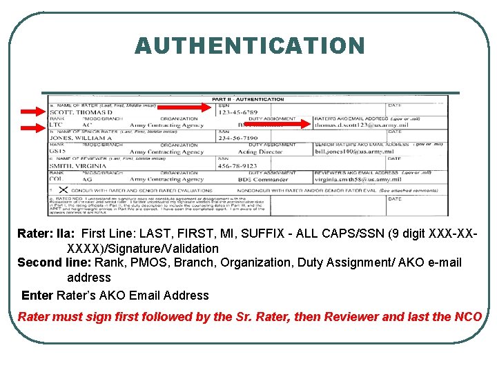 AUTHENTICATION Rater: IIa: First Line: LAST, FIRST, MI, SUFFIX - ALL CAPS/SSN (9 digit