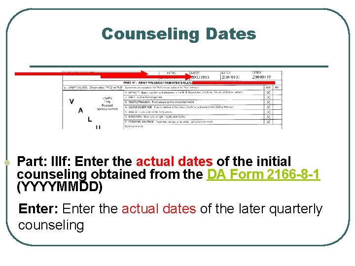 Counseling Dates l Part: IIIf: Enter the actual dates of the initial counseling obtained