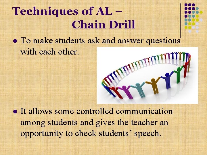 Techniques of AL – Chain Drill l To make students ask and answer questions