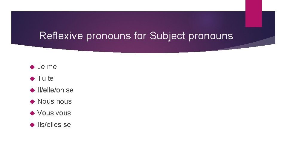 Reflexive pronouns for Subject pronouns Je me Tu te Il/elle/on se Nous nous Vous