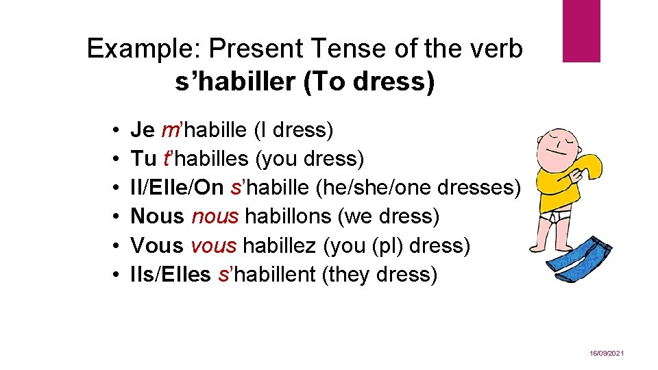 Example: Present Tense of the verb s’habiller (To dress) • • • Je m’habille