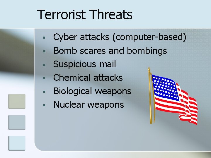 Terrorist Threats § § § Cyber attacks (computer-based) Bomb scares and bombings Suspicious mail