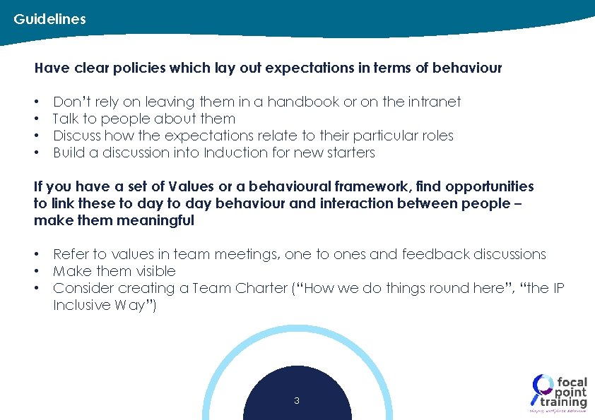 Guidelines Have clear policies which lay out expectations in terms of behaviour • •