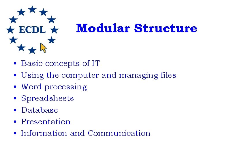 Modular Structure • • Basic concepts of IT Using the computer and managing files