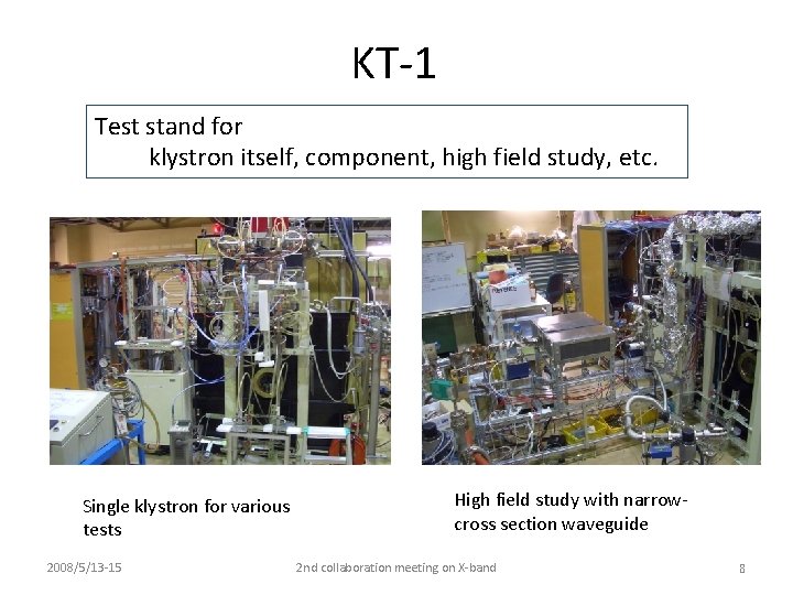 KT-1 Test stand for klystron itself, component, high field study, etc. Single klystron for