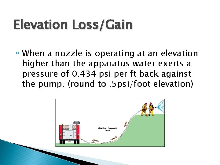Elevation Loss/Gain When a nozzle is operating at an elevation higher than the apparatus