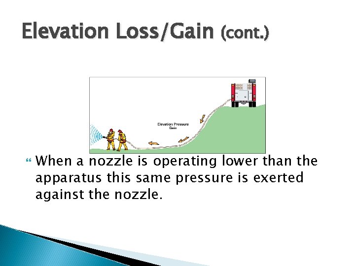 Elevation Loss/Gain (cont. ) When a nozzle is operating lower than the apparatus this