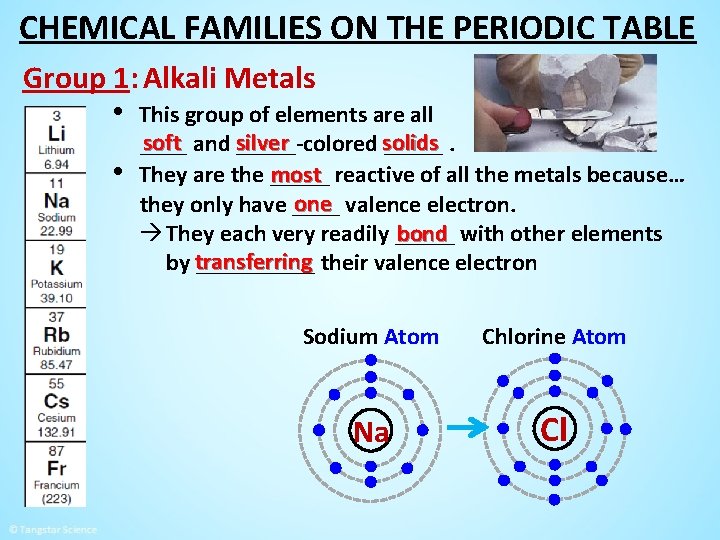 CHEMICAL FAMILIES ON THE PERIODIC TABLE Group 1: Alkali Metals • This group of