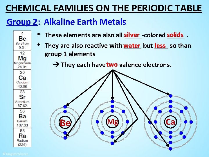 CHEMICAL FAMILIES ON THE PERIODIC TABLE Group 2: Alkaline Earth Metals • These elements