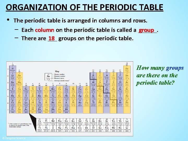 ORGANIZATION OF THE PERIODIC TABLE • The periodic table is arranged in columns and