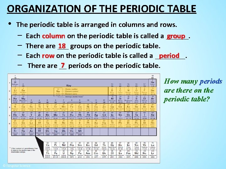 ORGANIZATION OF THE PERIODIC TABLE • The periodic table is arranged in columns and