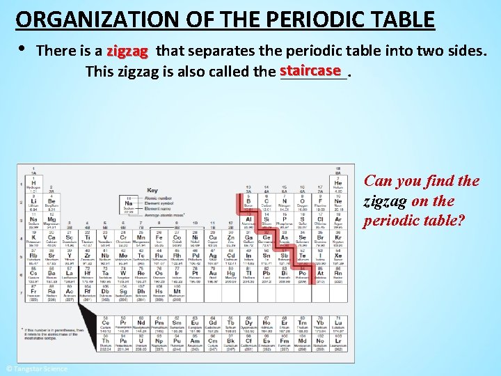 ORGANIZATION OF THE PERIODIC TABLE • There is a zigzag that separates the periodic