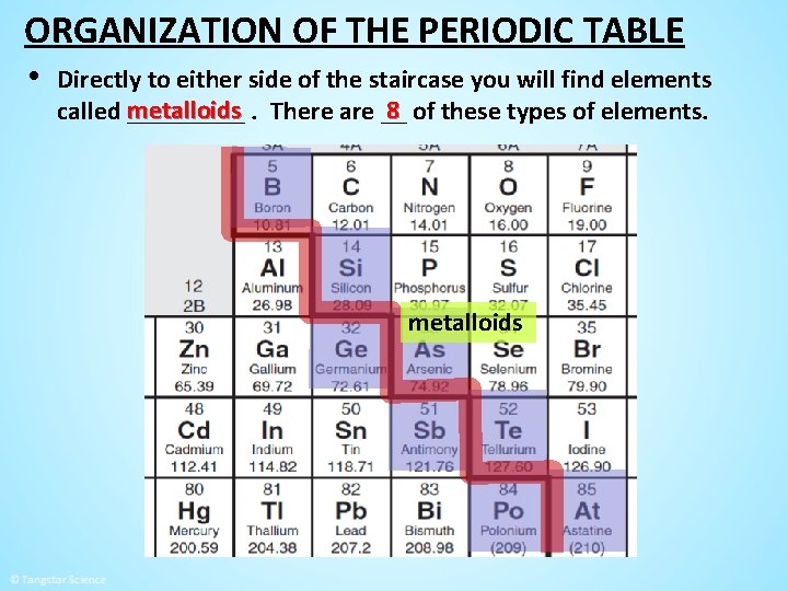 ORGANIZATION OF THE PERIODIC TABLE • Directly to either side of the staircase you